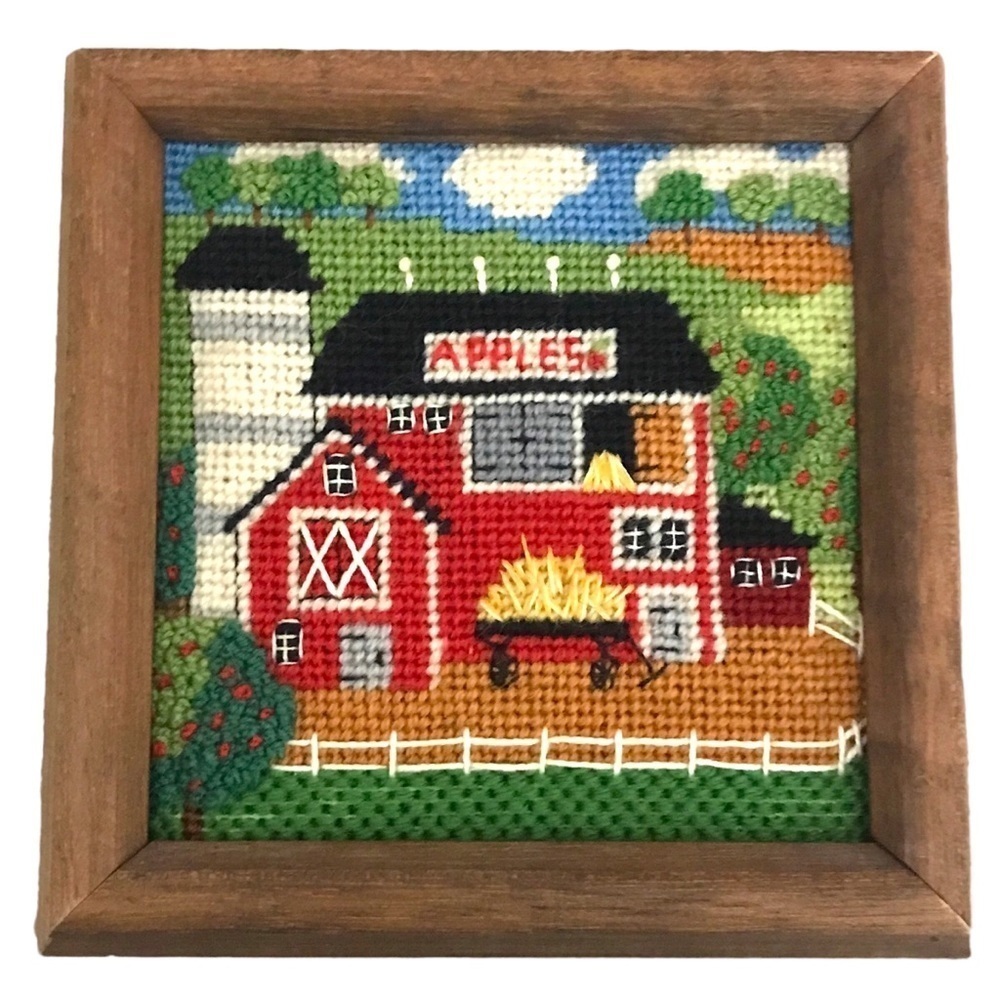 Vintage 80s Handmade Needlepoint Apples Barn Farmhouse Decor Mini Pictur…